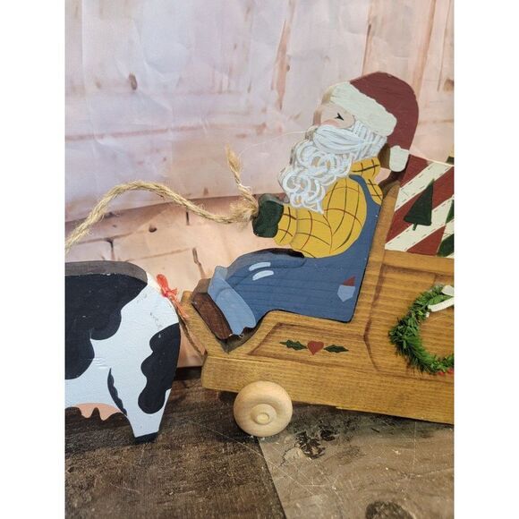 Wooden cow Santa Claus sleigh gifts mistletoe figured decor Xmas - Picture 3 of 6